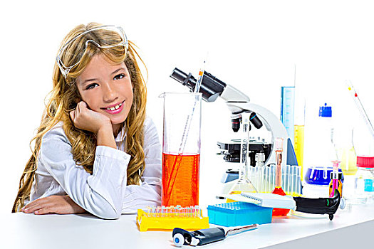 孩子,学生,女孩,儿童,化学品,实验室,学校,白色背景