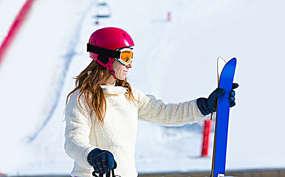 滑雪,女人,冬天,雪,设备,头盔,护目镜,杆,侧面,侧面视角
