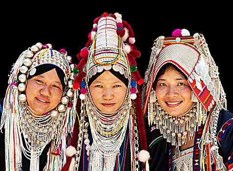 三个,女人,穿,不同,阿卡族,头部,服装,左边,风格,中心,右边,泰国,亚洲