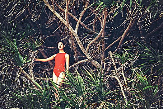 穿红色泳装站在树前的美女