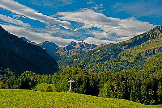 路边,十字架,山谷,后面,奥伯斯多夫,巴伐利亚,德国,欧洲