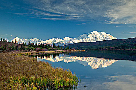 景色,风景,山,麦金利山,旺湖,早晨,德纳里峰国家公园,室内,阿拉斯加,秋天