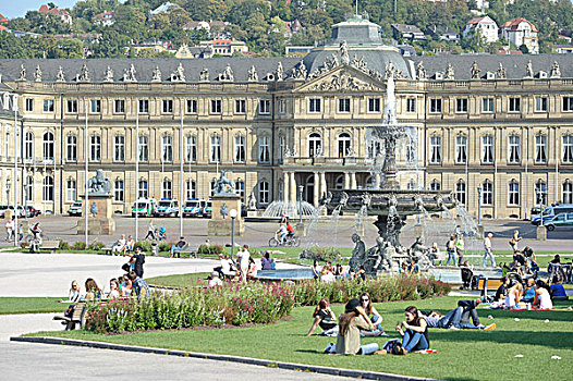 人,喷泉,新宫,背影,斯图加特,巴登符腾堡,德国,欧洲