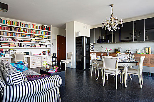 一个,房间,折衷,就餐区,正面,现代,厨房操作台,大,书架,条纹,沙发