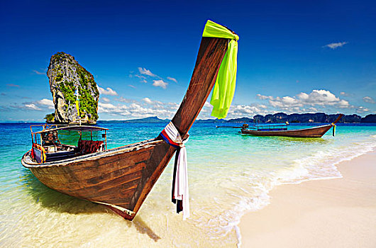 长,尾部,船,热带沙滩,安达曼海,泰国