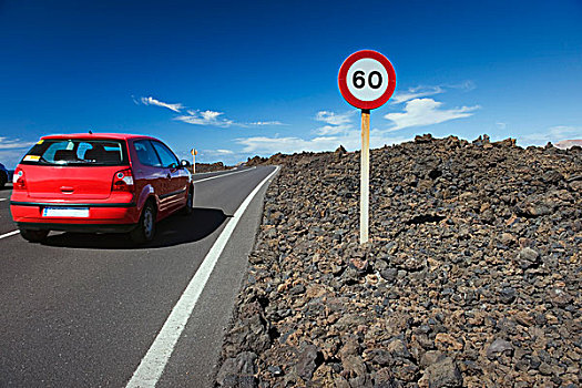 红色,汽车,道路,火山,风景,蒂玛法雅国家公园,兰索罗特岛,加纳利群岛,西班牙,欧洲