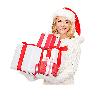 圣诞节,冬天,高兴,概念,微笑,女人,圣诞老人,帽子,许多,礼盒