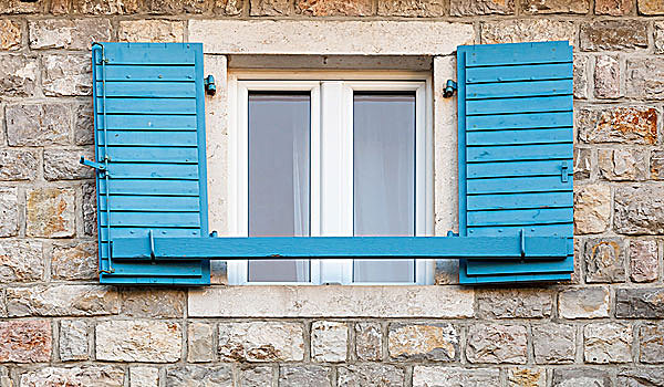 木质,窗户,蓝色,打开,老,灰色,石墙