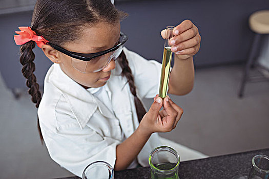 俯拍,小学生,检查,黄色,化学品,试管,科学,实验室