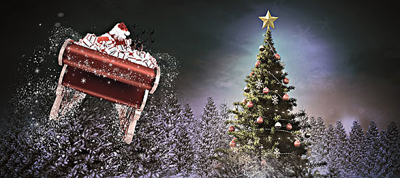 合成效果,图像,圣诞老人,飞,雪撬,树林,夜晚,圣诞树