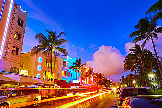 迈阿密海滩,南海滩,日落,海滨大道,佛罗里达,艺术装饰,车灯