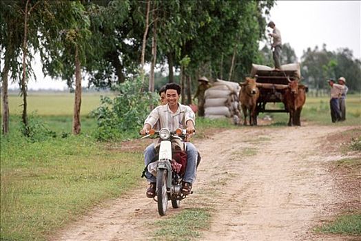 越南,男人,骑,摩托车,凹凸不平,道路