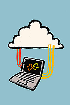 插画,笔记本电脑,联系,云,蓝色背景
