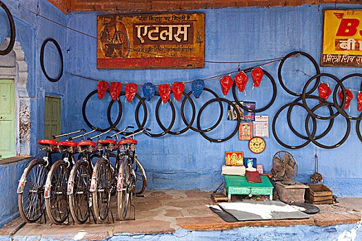 印度,拉贾斯坦邦,自行车店,老城,展示,传统,自行车