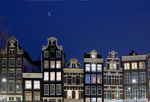 排,光亮,传统,荷兰,山墙,房子,夜晚