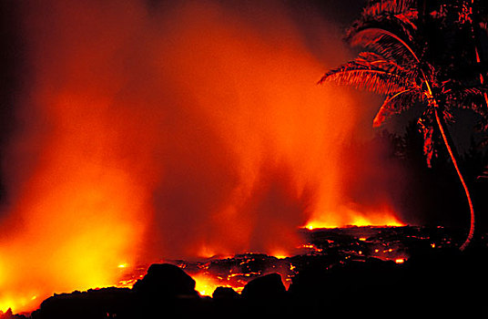 熔岩流,进入,太平洋,海洋,夜晚,夏威夷火山国家公园,夏威夷大岛,夏威夷