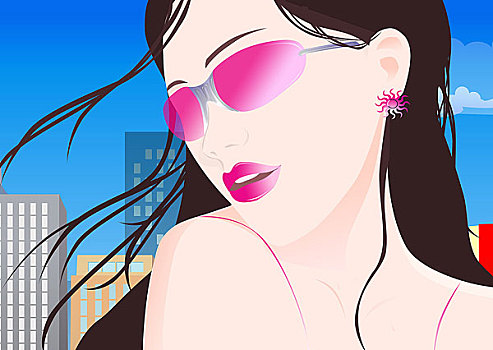 时尚插画,夏天,红色墨镜,都市,太阳耳环