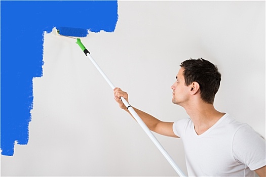 男人,描绘,墙壁,蓝色,油漆滚