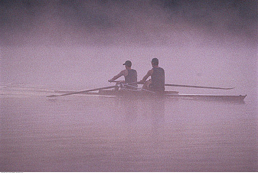 后视图,桨手,雾,艾伯塔省,加拿大