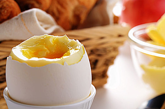 早餐,煮蛋,牛角面包,黄油,上方,白色