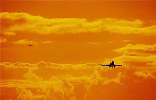 夏威夷,瓦胡岛,檀香山,国际机场,波音747,喷气式飞机,降落,日落