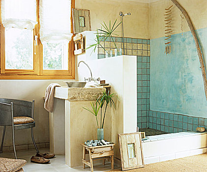 浴室,地中海,氛围,砖石建筑,盥洗盆,分隔,墙壁,淋浴,瓷砖墙,涂绘,蓝色