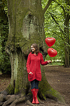 女人,年轻,气球,树,树林