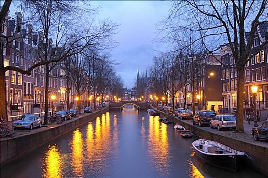 阿姆斯特丹,北荷兰,荷兰,晚间,运河
