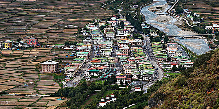 俯拍,城镇,地区,不丹