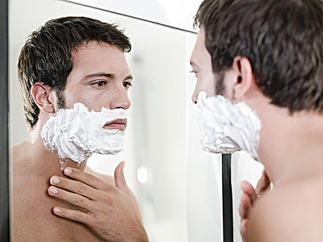 男人,反射,脸,剃须膏,施用,头像