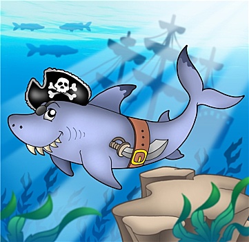 卡通,海盗,鲨鱼,失事船舶