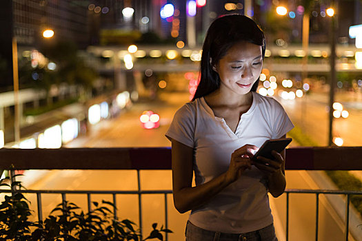 女人,打手机,城市,香港,夜晚