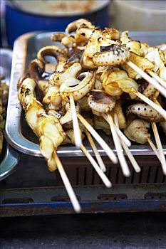烤制食品,鱿鱼,河边,市场,曼谷,泰国