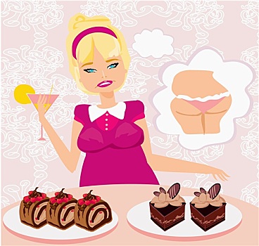 肥胖,女孩,害怕,吃,卡路里,蛋糕