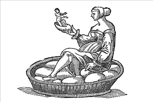 木刻,象征,孕妇,坐,篮子,蛋,拿着,一个,孩子,孵化,1642年,17世纪,文艺复兴