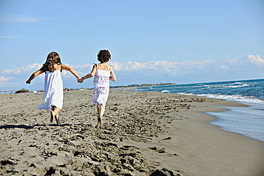高兴,两个,小,女孩,开心,喜悦,时间,美女,海滩,跑
