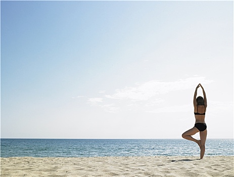 女人,瑜珈,海滩