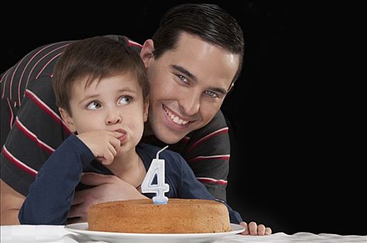 一个,男人,肖像,儿子,后面,生日蛋糕