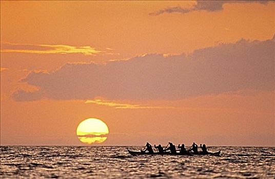 夏威夷,柯哈拉海岸,瓦克拉,舷外支架,独木舟,日落,巨大,太阳,橙色天空
