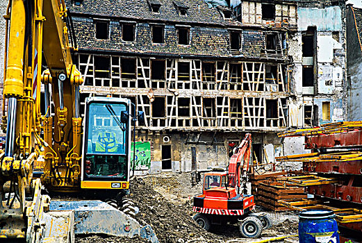 黄色,挖掘器械,红色,起重机,建筑工地,古老,房子,修葺,斯特拉斯堡,阿尔萨斯,法国