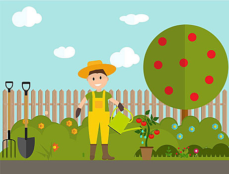 农民,园丁,男人,洒水壶,番茄植物,现代,公寓,风格,矢量,插画