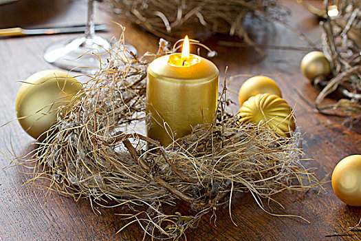 金色,蜡烛,干燥,花环,木桌子,装饰,圣诞节饰物
