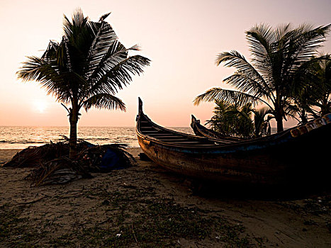 两个,独木舟,海滩,阿拉伯海,喀拉拉,印度