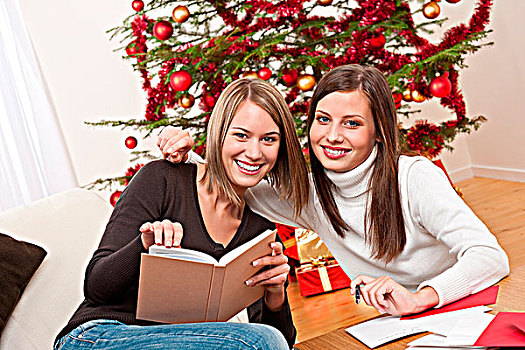 两个,女青年,文字,圣诞贺卡,正面,树