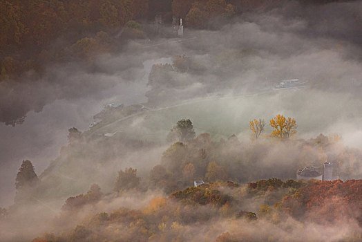 遗址,雾,雾气,上方,清晨,鲁尔区,北莱茵威斯特伐利亚,德国