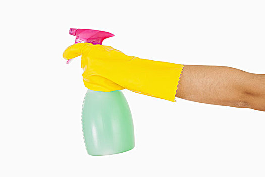 女人,黄色,橡胶手套,拿着,擦窗工,喷壶