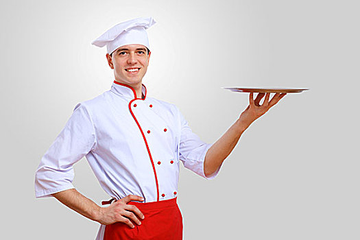 男青年,厨师,红色,围裙,灰色背景