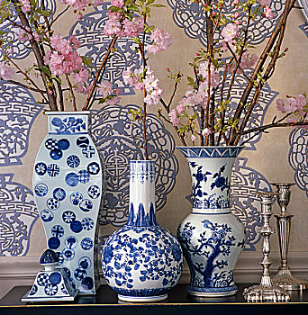蓝色,白色,花瓶,枝条,樱花,站立,背景,中国,壁纸