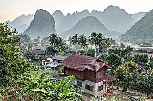 老挝,万荣,房子,山,大幅,尺寸