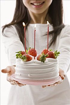 女孩,拿着,生日蛋糕,蜡烛
